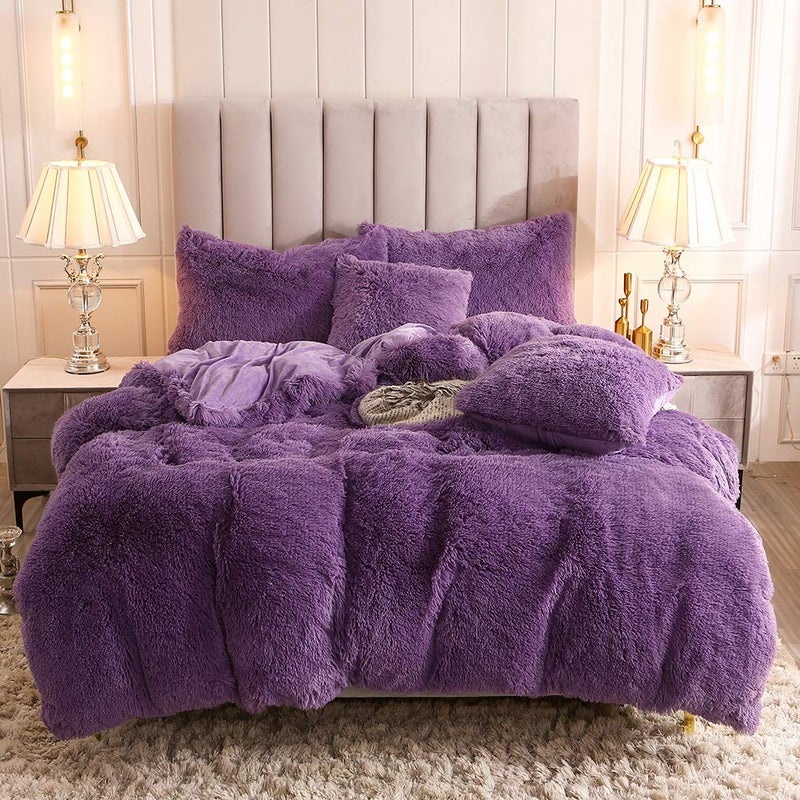 Uhamho Faux Fur Velvet Fluffy Bedding Duvet Cover Set Down Comforter Quilt Cover with Pillow Shams, Ultra Soft Warm (King, Purple) - Image 1